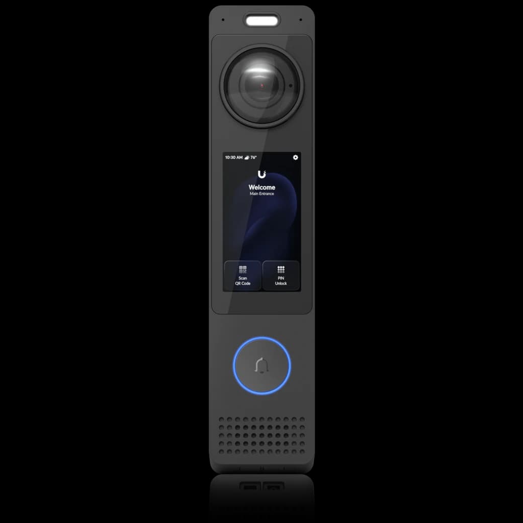 The UniFi G6 Pro Entry reader: its touchscreen shows “Scan QR Code” and “PIN Unlock” along the bottom, above a round doorbell button