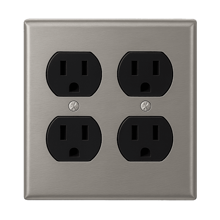 20-amp outlets on an aluminum wall plate beside the cyc