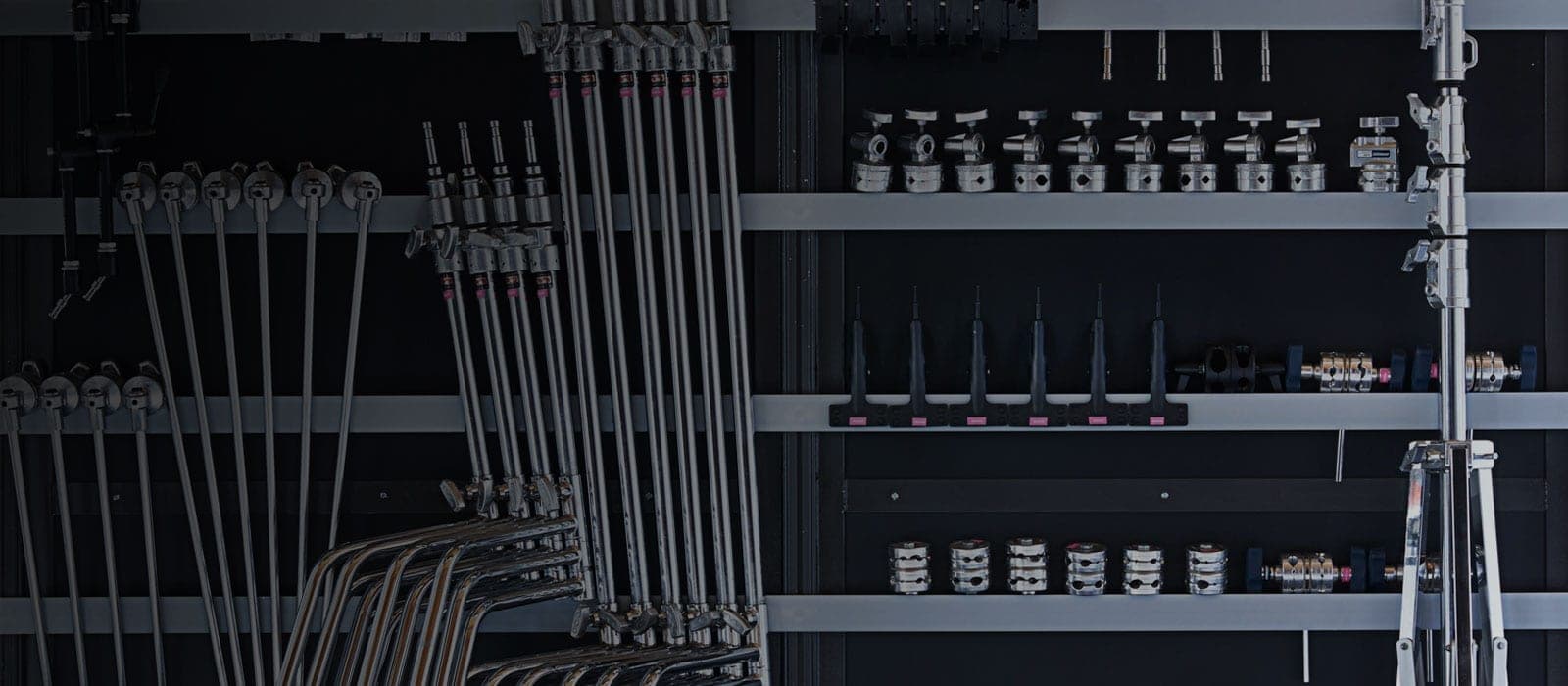 The studio grip wall, fully stocked